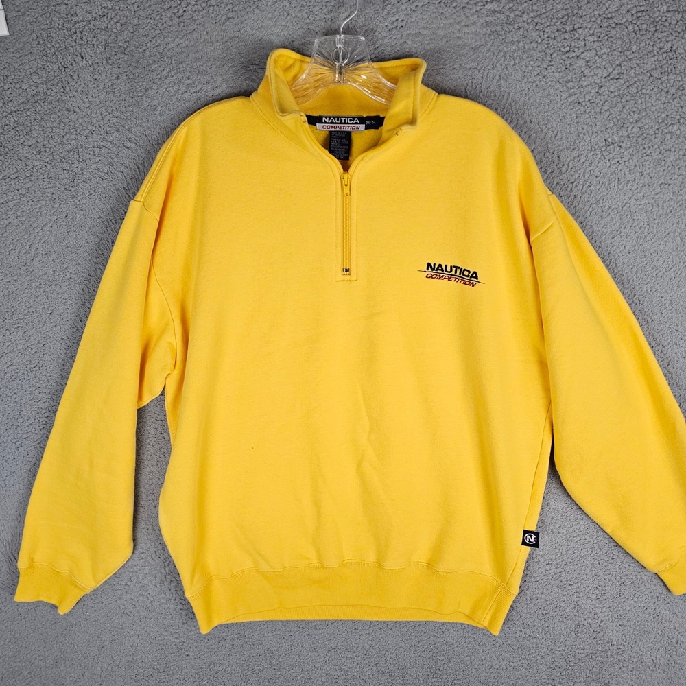 Nautica Sweatshirt Mens M Yellow Competition 1/4 Zip Pullover Fleece Vintage USA